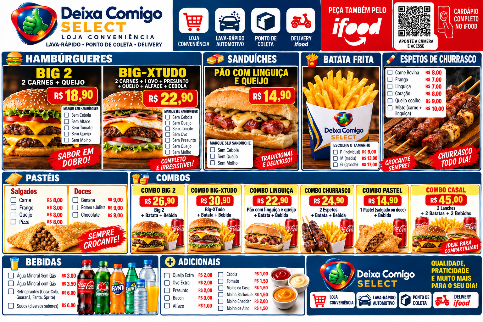 Cardápio original Deixa Comigo Select, com hambúrgueres, sanduíches, batatas fritas, espetos, pastéis, combos, bebidas e adicionais, além de QR Code do iFood